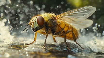 Fototapeta premium A detailed depiction of a horsefly landing on a wet surface. This close-up shows intricate details of the insect's body and wings, highlighting its delicate yet formidable presence