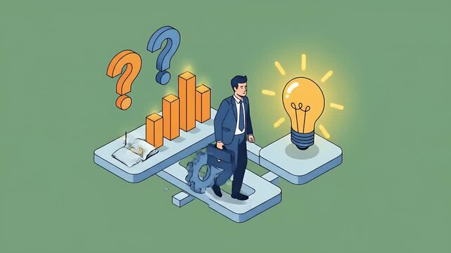Business Man Walks Towards Idea Light Bulb Growth Chart