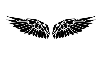Obraz premium Black and white illustration of symmetrical wings with detailed feathers on a plain white