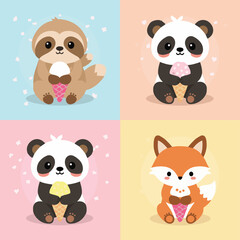 Fototapeta premium Cute kawaii animal vector set with smiling sloth, panda and baby fox holding ice cream cones, pastel backgrounds, adorable cartoon characters, kids design, nursery, stickers, prints, flat illustration
