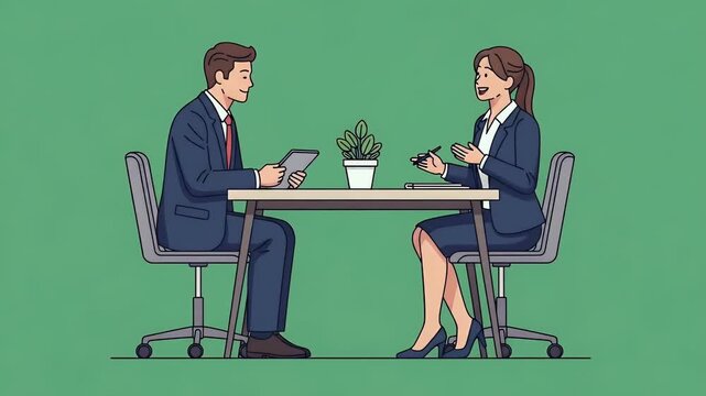 Business Meeting Dialogue Between Two Professionals In Blue Suits On Green Background