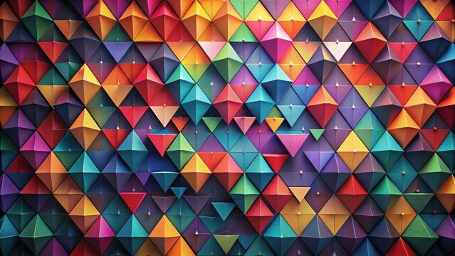 Vibrant Triangular Geometric Pattern Featuring a Multitude of Saturated Hues Arranged in a Repeating Tessellated Design