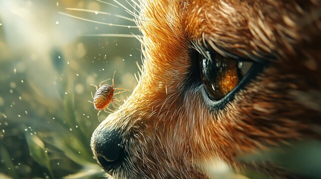 A depiction highlighting a tick on a pet's fur, showcasing the detailed texture and presence of the parasite. Close-up highlights the impact on animal health, promoting awareness and protection.