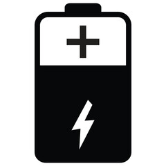 Obraz premium A simple black and white icon representing a charged battery with a lightning bolt symbol and a plus sign