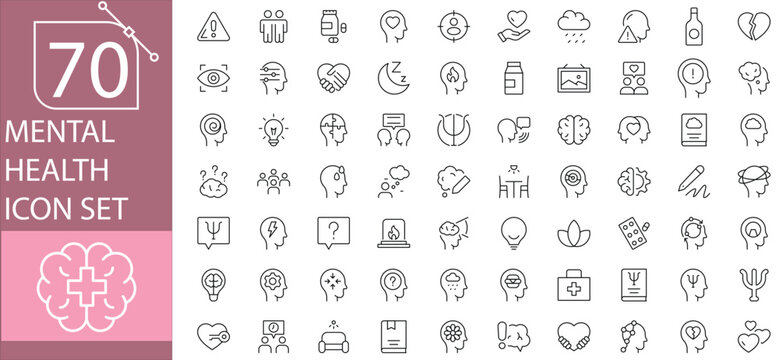 70 Mental Health Icons Set Featuring Emotional Wellbeing, Stress Management, Therapy, Counseling, Mindfulness, Anxiety Relief, Depression Awareness, Self-Care, Psychology, and Mental Wellness Support.
