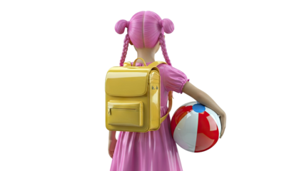 Girl with pink pigtails, yellow backpack, and beach ball