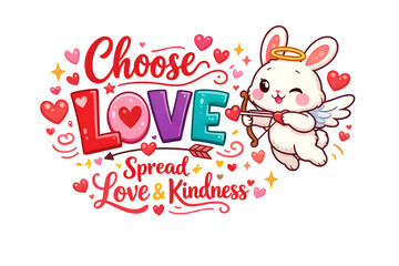 Choose Love and Spread Kindness Typography with Cupid Bunny and Hearts