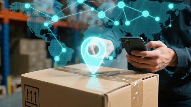 Package delivery loading logistics center automobile transportation technology distribution e commerce goods tracking mobile device warehouse environment location tracking cardboard box