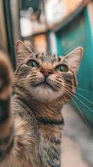 A curious tabby cat looks intensely into the camera from a unique low-angle, close-up perspective, showcasing its beautiful stripes