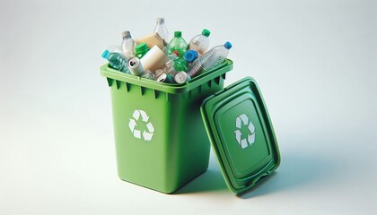A green recycling bin on a white background.