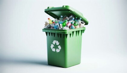 A green recycling bin on a white background.