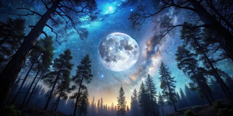 Enchanted Forest Night Scene Majestic Moon, Starry Sky, Silhouetted Trees, Mystical Atmosphere