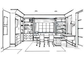 Modern Office Interior Line Art  vector on white background