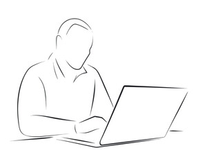 A smiling businessman working on a laptop computer in a modern office  