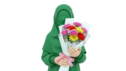 Person in green hijab holding a colorful bouquet of flowers