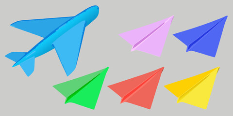 Colorful paper airplanes floating in a simple gray studio environment