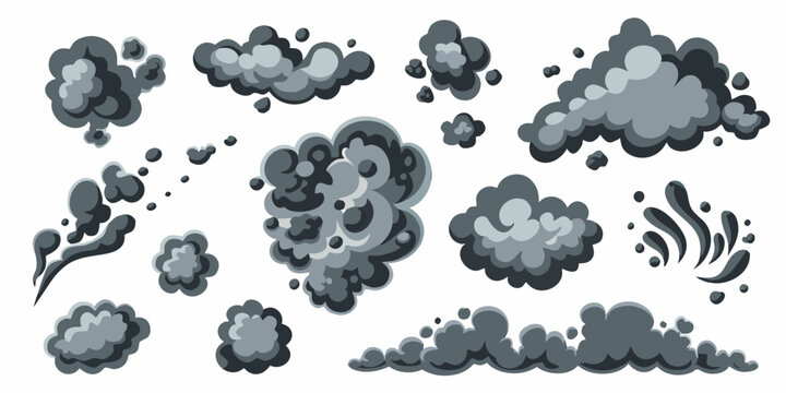 Collection of cartoon style smoke puffs and cloud shapes on white background