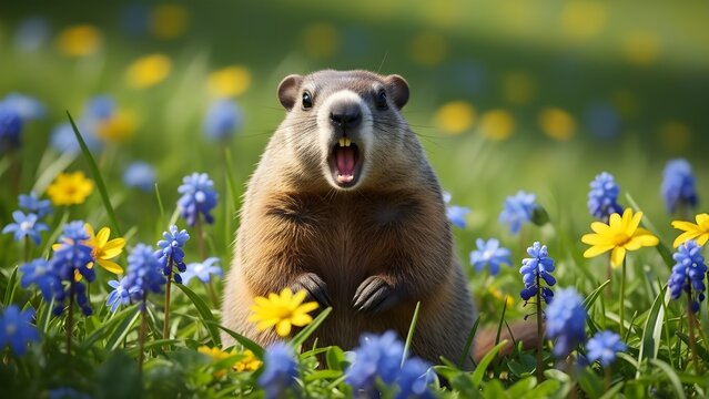 Groundhog day celebration with furry weather predictor in blooming flowers