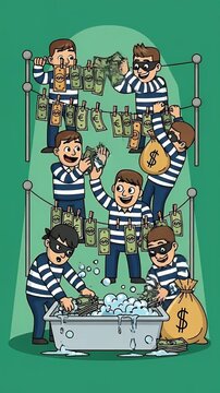 Cartoon Thieves Wash Money In Bubble Bath With Dollar Bags
