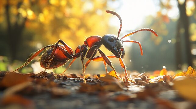 A realistic scene showcasing an ant in its natural habitat. The insect navigates through fallen leaves on the ground in a forest environment, backlit by soft sunlight filtering through the trees.