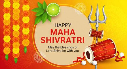 Naklejka premium Happy Maha Shivratri Greeting with Shiva Symbols and Marigold Flowers