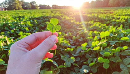 Hand holding a green leaf over a field of plants with bright sunlight shining in the distance during the daytime for St Patricks day 