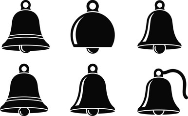 Silhouette bell icons, black bell shapes, handbell vector, church bell design, ringing symbol, sound notification, alarm alert, vintage bell illustration
