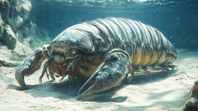 An underwater scene showcases a giant isopod. The creature has a segmented shell and large claws, resting on the sandy ocean floor. The water is clear and illuminated