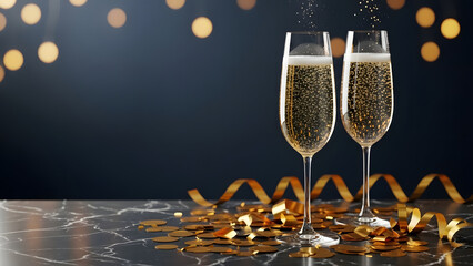 Two glasses of sparkling champagne with gold confetti and ribbons