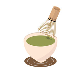 お茶を点てる。茶筅と緑茶。ベクターイラスト