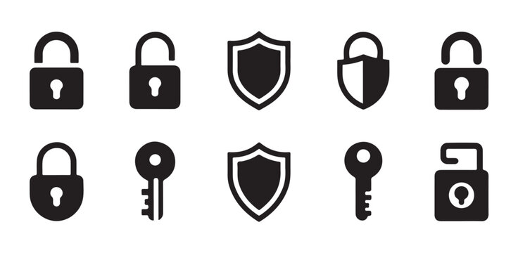 Simple security icons depicting various locks keys shields and access symbols monochrome