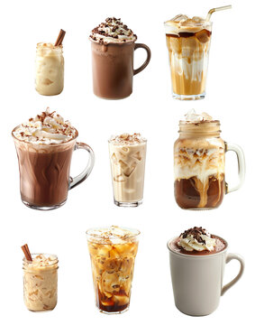 Horchata almond milk, iced coffee with milk and ice cubes, Hot chocolate topped with whipped cream isolated on white
