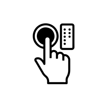 Minimalist elevator button icon with Braille text. Black and white vector of a finger pressing a circular button with tactile dots for public facility navigation