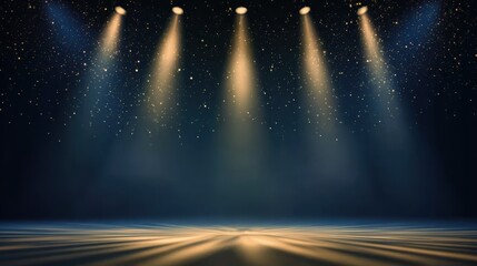 Dark blue stage background with golden spotlight lines and shiny texture, for award ceremony visual template