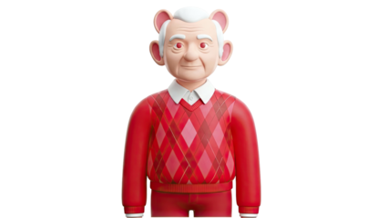 3D Render of Cartoon Old Man with Bear Ears and Argyle Sweater