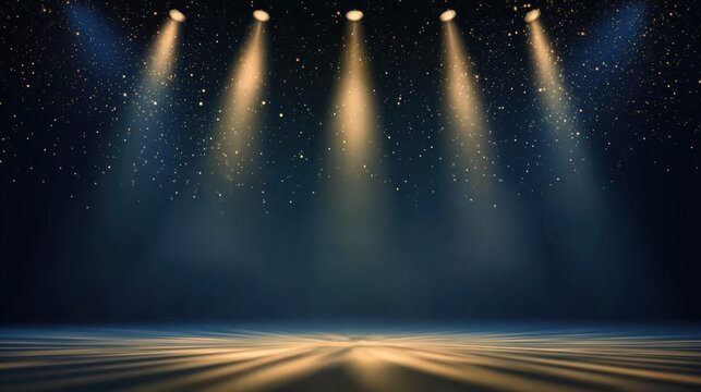 Dark blue stage background with golden spotlight lines and shiny texture, for award ceremony visual template