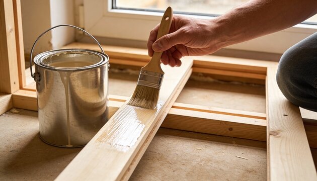 A person applies wood primer or varnish to a wooden construction frame using a paintbrush, next to a paint can, renovation in progress.