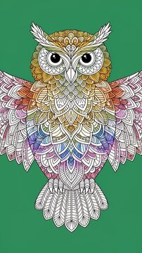 Colorful Owl Illustration With Intricate Patterns On Green Background