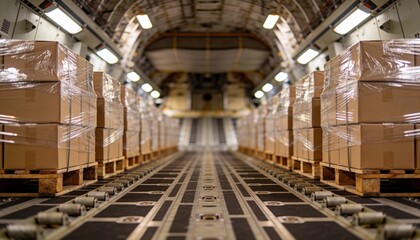 Fototapeta premium Long view down the cargo hold of an aircraft, showing rows of palletized cardboard boxes ready for transport.