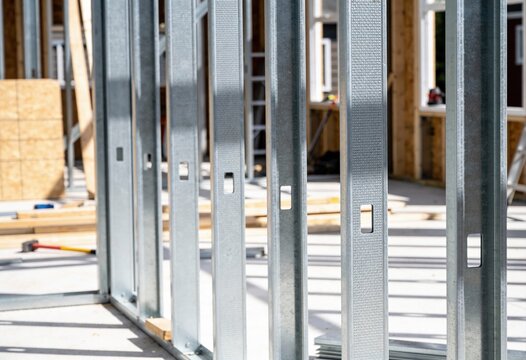 Close-up of interior metal stud wall framing on a residential or commercial construction site under daylight.