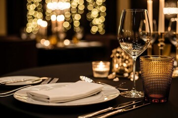 Elegant dinner table setting with wine glass and candlelight