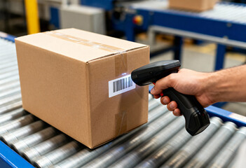 Close-up of a worker scanning a package on an industrial roller conveyor with a laser barcode reader.