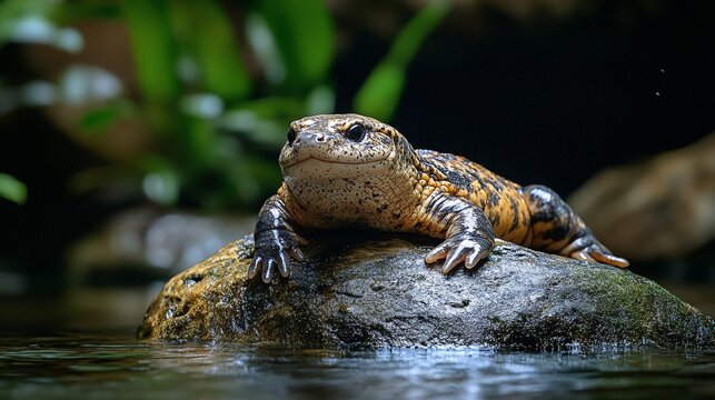 A snot otter, also known as an eastern hellbender, rests peacefully on a wet rock in a tranquil river setting. The amphibian's mottled skin and calm demeanor capture the beauty of wildlife