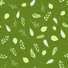 Spring hand drawn seamless pattern with leaves, feathers and herb. Great for eco cards, banners, textiles, wallpapers