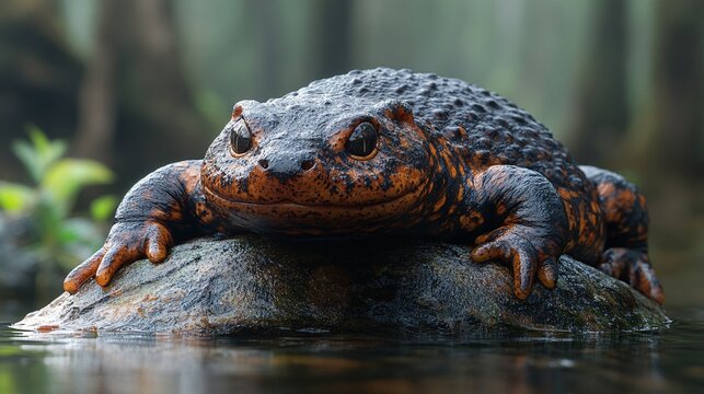 A snot otter, also known as an eastern hellbender, rests peacefully on a rock in a shallow river. The amphibian's unique coloration and textured skin are visible in this detailed shot of wildlife.