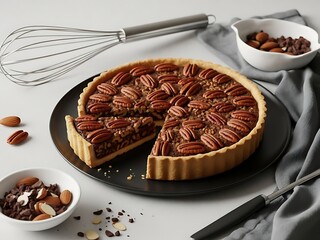 A delicious pecan pie with a slice removed, surrounded by nuts and baking utensils on a white surface, viewed from directly above
