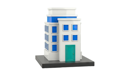 Stylized multi-story building with blue windows and a teal door