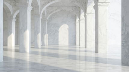 Minimalist white marble mosque architecture with large copy space background
