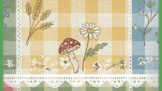 Charming Gingham Fabric Patterns with Daisies and Mushrooms