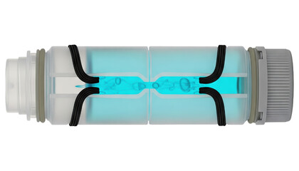 Futuristic glass canister with blue liquid for laboratory research on a transparent background